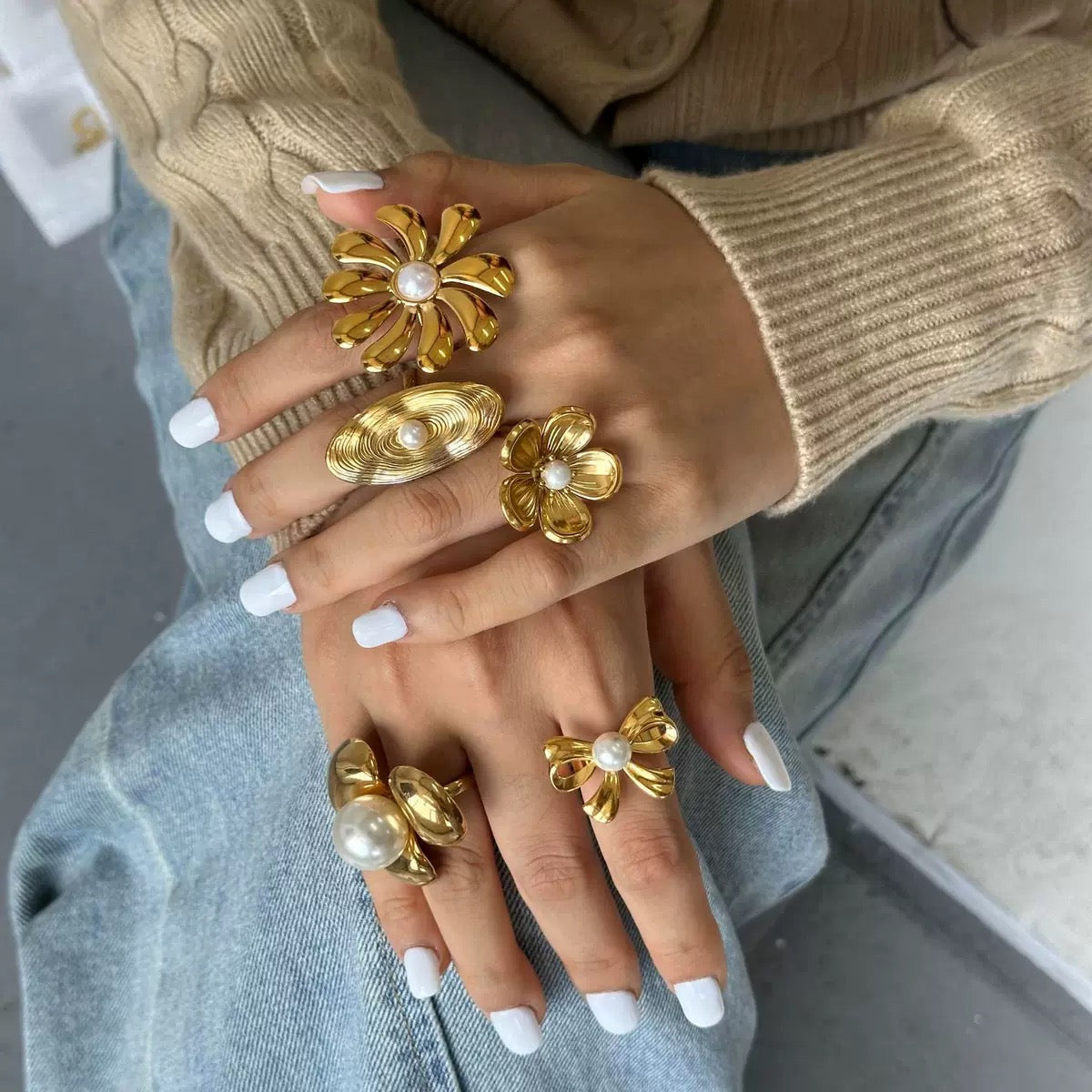 The Fleur Pearl Ring Set