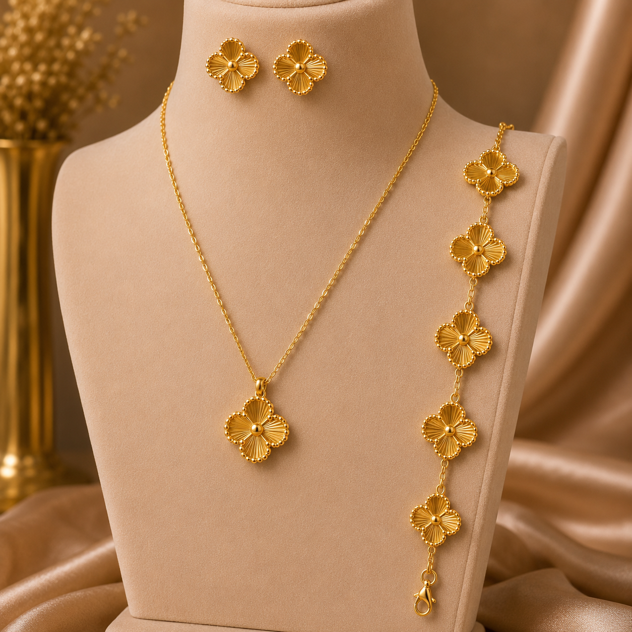 Fluer Set| 18K Gold Plated Stainless Steel Necklace, Bracelet & Earrings Set